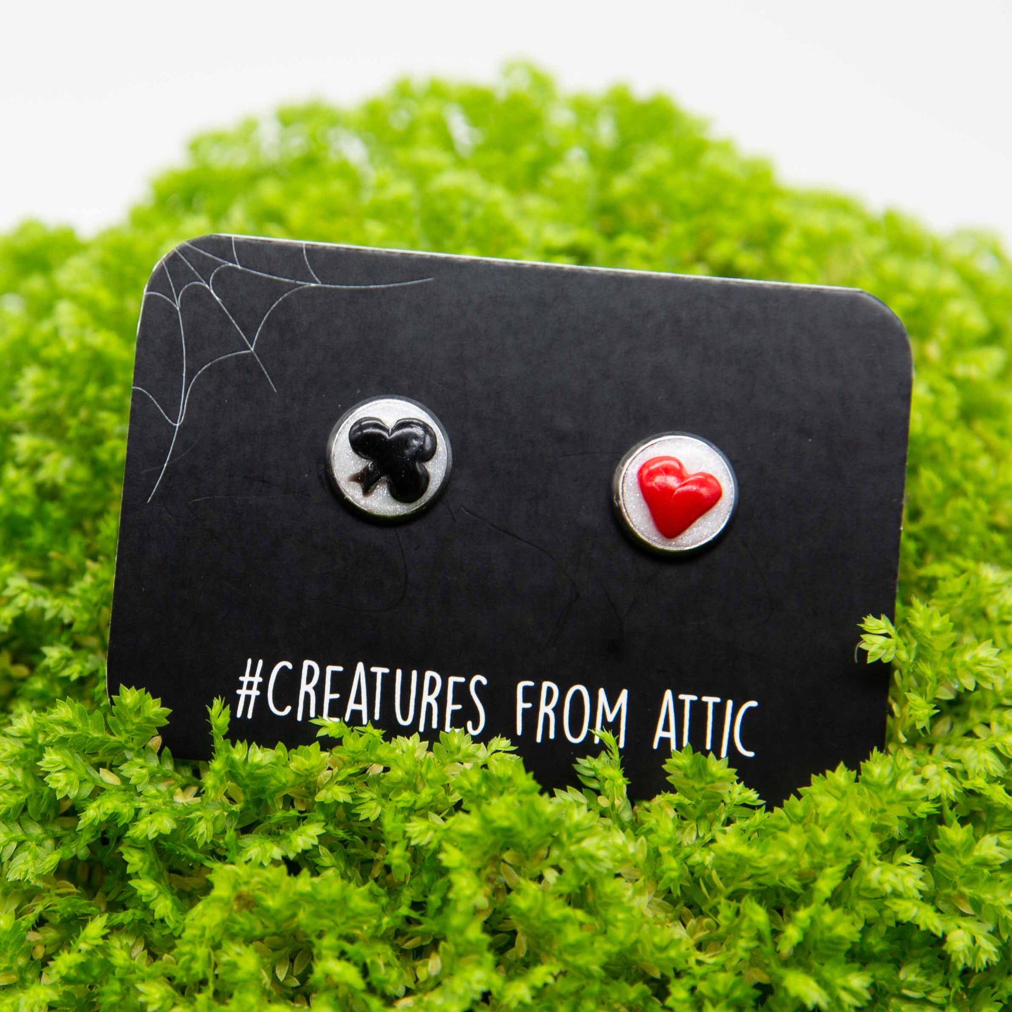 Club and heart card symbol earrings in silver stud bezel with hashtag creatures from attic