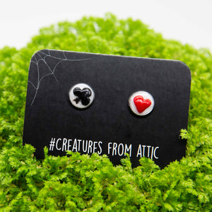 Club and heart card symbol earrings in silver stud bezel with hashtag creatures from attic