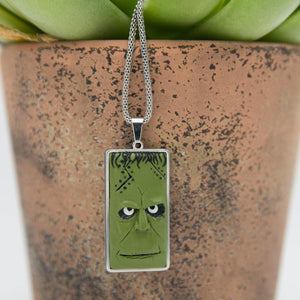green frankenstein necklace in stainless steel cabochon with funny illustration like expression