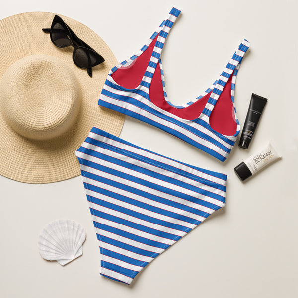 Striped Nautical Blue White Red Recycled high-waisted bikini