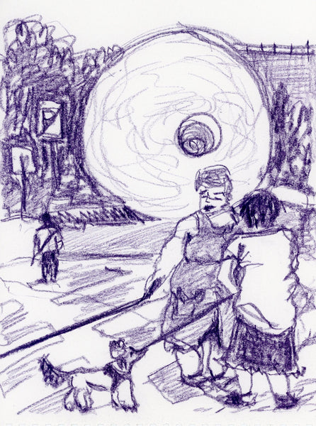 White unisex hooViolet on white expressive sketch with two women talking in local Vilnius suburb