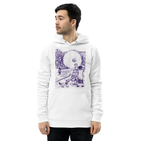White hoodie with violet sketch with rural area and two women talking with their dogs