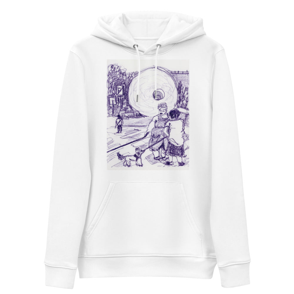 White unisex hoodie with front print (violet on white expressive sketch with two woman talking in suburb).