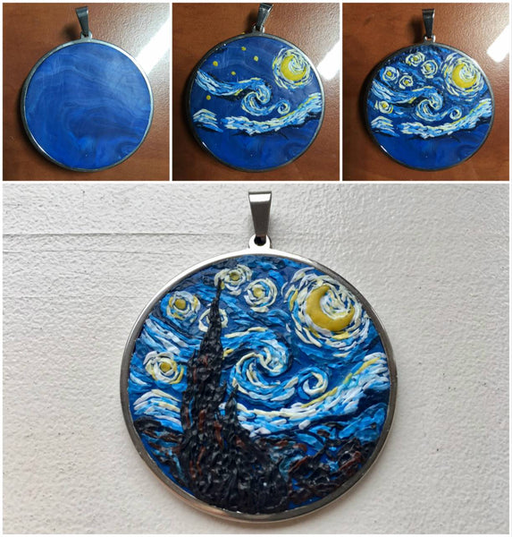 Shows how round polymer clay necklace was made. First collage picture shows blue background, second one - filled with tiny polymer clay strokes to imitate Van gogh's Starry night painitng. Middle photo shows final Starry Night necklace 
